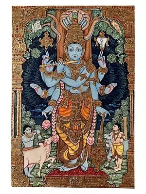 Lord Vishnu With Flute | Mysore Painting With Frame | Watercolor And 22 Carat Gold Leaf