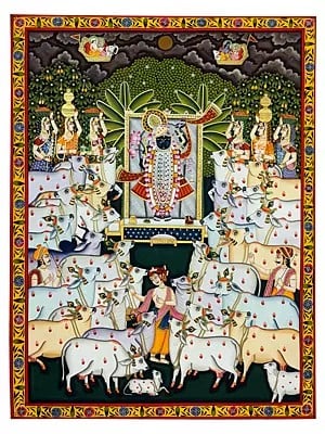Lord Shrinathji With Devotees And Cows | Natural Color On Cloth | By Dheeraj Munot