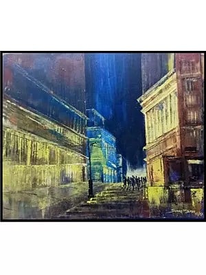 Calm Street At Night | Oil On Stretched Canvas | By Survo P Basu