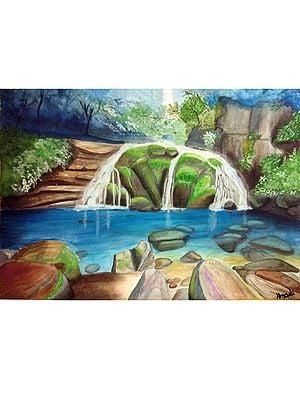 Lakeside Waterfall | Watercolor On Paper | By Shruti Tiwari