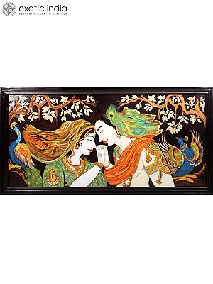 96" Large Divine Love of Radha Krishna | Superfine 3D Panel in Rosewood with Inlay Work