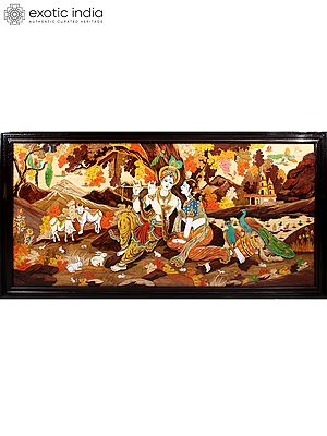 96" Large Superfine Radha Krishna with Beautiful View of Vrindavan | Colorful 3D Panel in Rosewood with Inlay Work