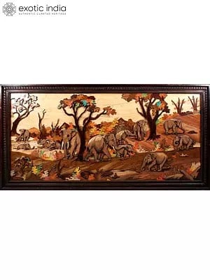 96" Large Herd of Elephants | Colorful 3D Panel in Rosewood with Inlay Work
