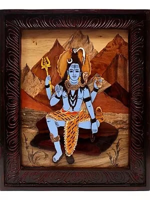 18" Lord Shiva at His Abode Kailasha | 3D Panel in Rosewood with Inlay Work