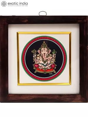 8" Lord Ganesha Seated on Pedestal | Framed Ganjifa Painting