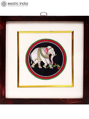 9" Airavat Elephant Artwork | Framed Ganjifa Painting