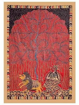 Goddess Chamunda With Lions | Mata Ni Pachedi | Natural Color On Cloth | By Dilip Chitara