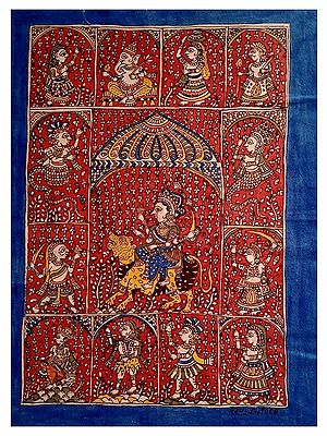 Chaturbhuja Goddess Durga On Lion | Mata Ni Pachedi | Natural Color On Cloth | By Dilip Chitara