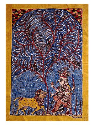 Seated Goddess Amba Under The Tree | Mata Ni Pachedi | Natural Color On Cloth | By Dilip Chitara