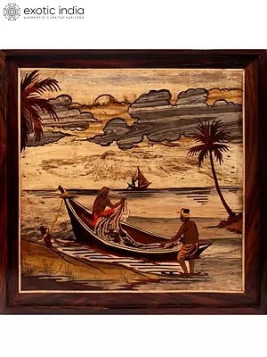 19" Working Fishermen | Rosewood Panel with Inlay Work
