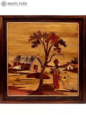 19" Woman Back to Home Carrying Water Pots | Rosewood Panel with Inlay Work