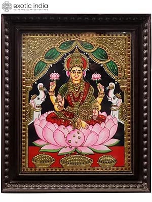 Gajalakshmi Seated on Lotus | Framed Tanjore Painting
