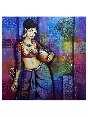 Standing Lady Holding The Water Pot | Acrylic On Canvas | By Rupali Mistry