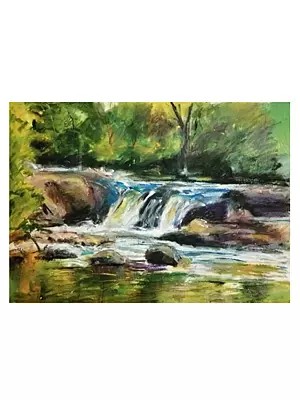Small Flowing Waterfall -Landscape | Oil Pastel On Paper | By Mukal