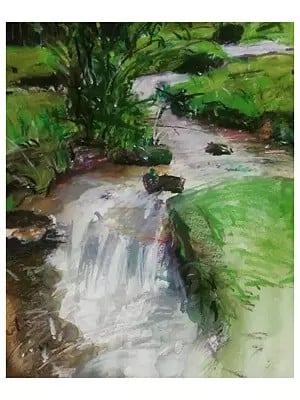 Flowing Water -Landscape | Oil Pastel On Paper | By Mukal