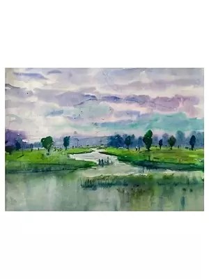 Lake In Field Of Grass | Watercolor On Paper | By Mukal