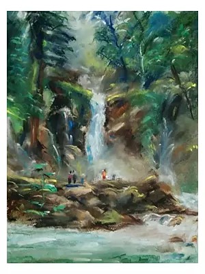 Forest Waterfall -Landscape | Soft Pastels On Paper | By Mukal