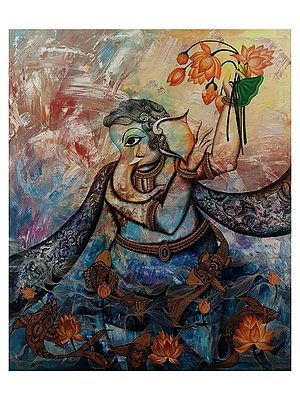 Lord Ganesha In The Pond Of Fish | Mixed Media On Canvas | By Mohit Bhardwaj