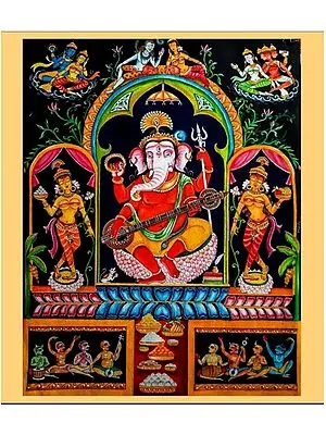 Lord Ganesha Playing Veena | Watercolor On Paper | By Yubraj