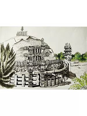 Sanchi Stupa | Ink On Paper | By Jolly Agarwal