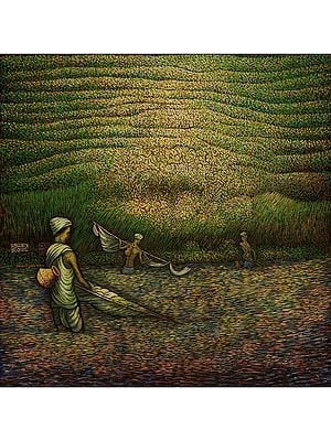 Fishermen Catching Fishes | Oil On Canvas | By Dinesh Gain
