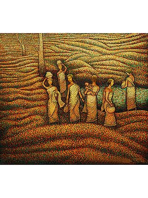 Daily Routine Of Women In Village | Acrylic On Canvas | By Dinesh Gain