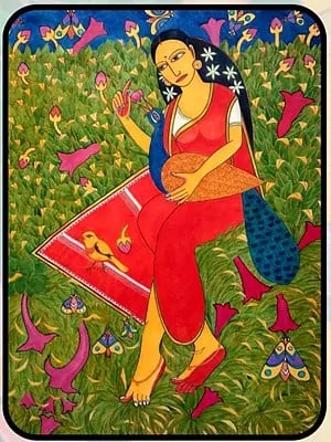Lady Alone In The Garden With A Peacock | Acrylic On Canvas | By Pramod Neelakandan