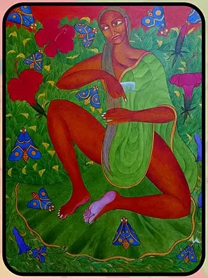 Brunette Girl Combing In The Morpho Garden | Acrylic On Canvas | By Pramod Neelakandan