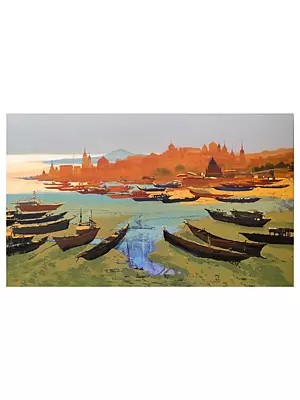 Boat Standing On The River Bank | Acrylic On Canvas | By Hari Dhongade