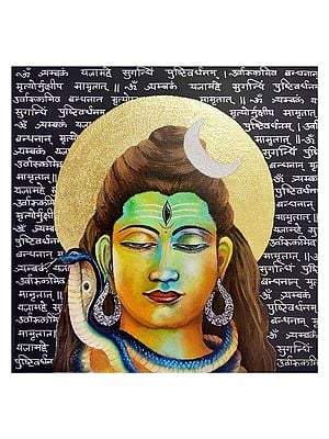 Lord Shiva With Mantra | Acrylic, Ink And Oil On Canvas | By Rishma Lath