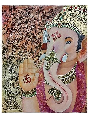 Musician Lord Ganesha | Acrylic, Ink And Oil On Canvas | By Rishma Lath