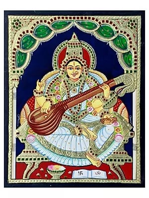 Goddess Saraswati | Tanjore Painting | Traditional Colors with 22K Gold