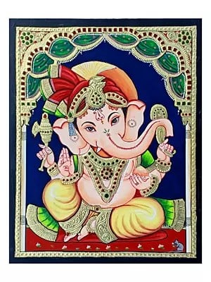 Lord Ganesha with Blessings | Tanjore Painting | Traditional Colors with 22K Gold