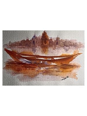 Floating Boat In The River | Watercolor On Paper | By Raj Kumar Singh