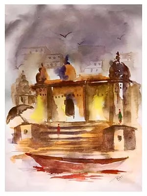 Floating Boat Near The Ghat | Watercolor On Paper | By Raj Kumar Singh