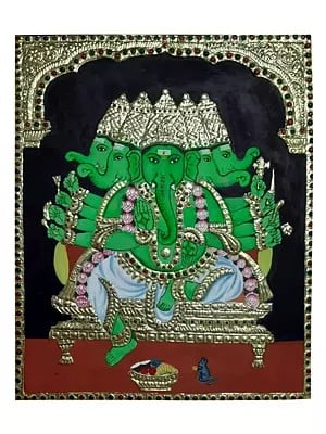 Panchmukhi Lord Ganesha | Tanjore Painting | Traditional Color With 22K Gold Work
