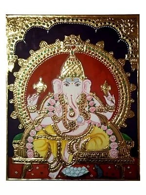 Chaturbhuja Ganesha | Tanjore Painting | Traditional Color With 22K Gold Work