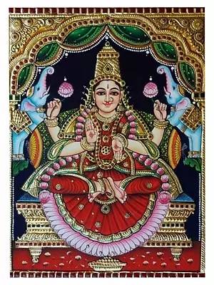 Goddess Gajalakshmi | Tanjore Painting | Traditional Color With 22K Gold Work