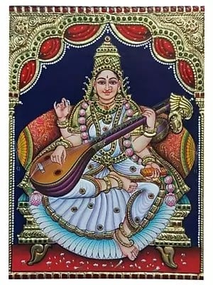 Maa Saraswati With Veena | Tanjore Painting | Traditional Color With 22K Gold Work