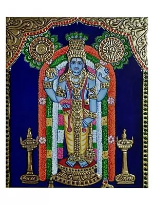 Standing Lord Vishnu | Tanjore Painting | Traditional Color With 22K Gold Work