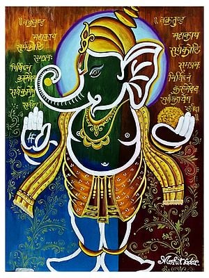 Standing Lord Ganesha With Slok | Acrylic On Paper | By Mohit Yadav
