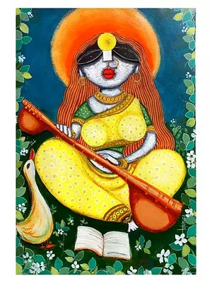 Goddess Saraswati With Sitar | Acrylic On Paper | By Tuhin Rakshit