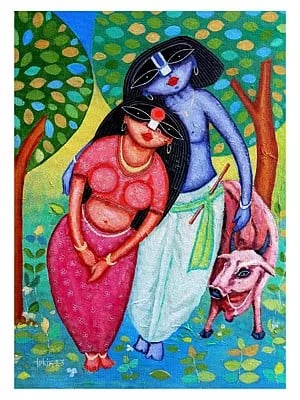 Radha And Krishna With Cow | Acrylic On Canvas | By Tuhin Rakshit