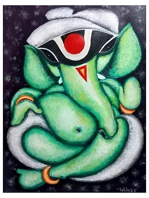 Seated Green Ganesha | Acrylic On Paper | By Tuhin Rakshit