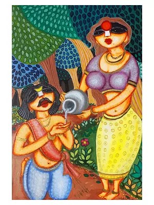 Shakuntala And Dushmanta | Acrylic On Paper | By Tuhin Rakshit