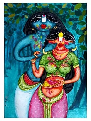 Holi Of Radha And Krishna | Acrylic On Paper | By Tuhin Rakshit