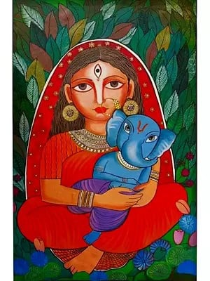 Parvati With Ganesh | Acrylic On Canvas | By Niva
