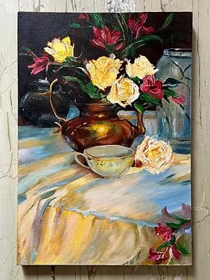 Vase Of Roses | Acrylic Paint On Canvas | By Roopsi Batra