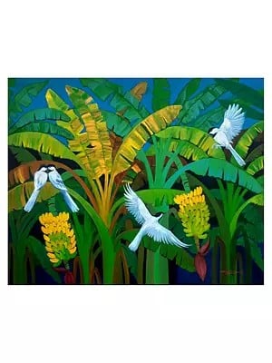 Birds In Banana Tree | Acrylic On Canvas | By Debrata Basu