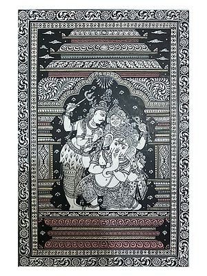 Lord Ganesha With Shiva And Parvati | Watercolor On Handmade Sheet | By Jayadev Moharana